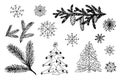 Christmas, New Year vector set of decorative elements drawn by a pen on paper. Isolated simple images .